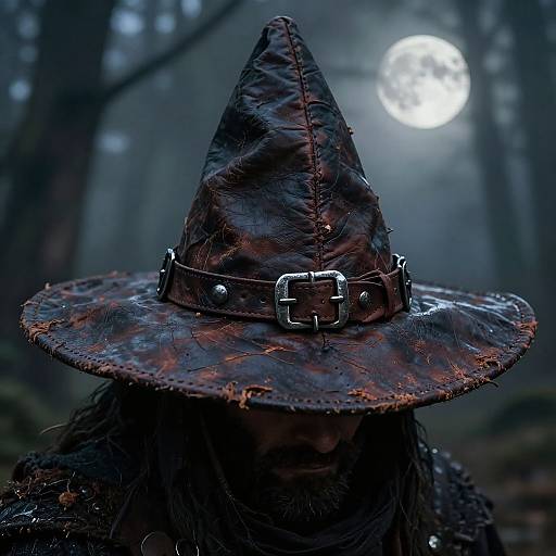 Photograph of a weathered, leather witch hat with a metal buckle, dark forest background, and a full moon shining through.