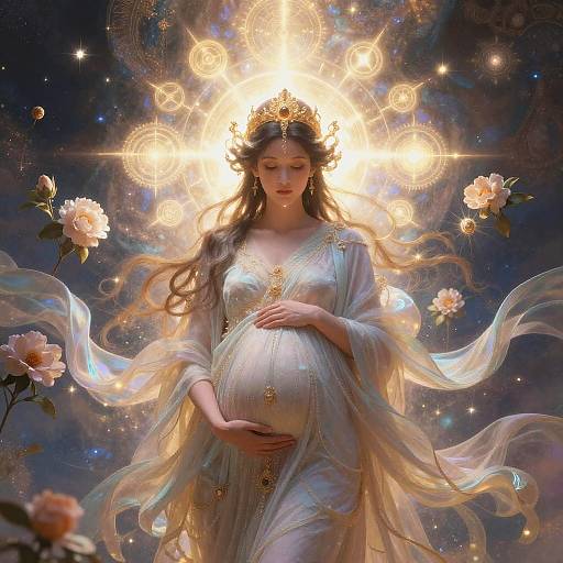 Digital artwork of a pregnant, ethereal woman with long brown hair, golden crown, and flowing white dress, surrounded by glowing halo, stars, and