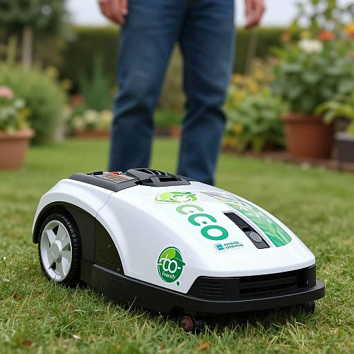 Photograph of a white robotic lawn mower with green logos, on green grass, with a person's blue jeans standing in the background.