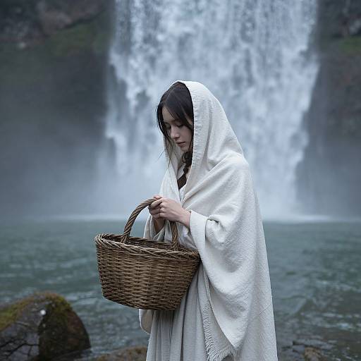 Photograph of a young woman with long black hair, wearing a white hooded cloak, holding a wicker basket, standing before a powerful waterfall,
