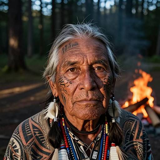 Photograph of an elderly Native American man with white hair, tribal tattoos, traditional black and white patterned clothing, and beaded necklaces, standing