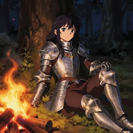 Anime Female Knight Beside Campfire