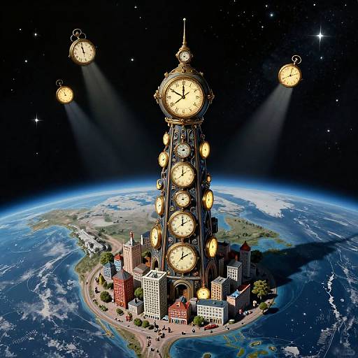 Digital artwork of a giant clock tower with glowing clocks, floating above a city on Earth, surrounded by space and stars.