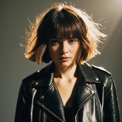 Fashion Model with Shaggy Bob Hairstyle and Leather Jacket