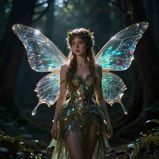 Photorealistic digital artwork of a fairy with glowing blue and green iridescent wings, wearing a metallic gold leaf dress, in a dark, enchanted
