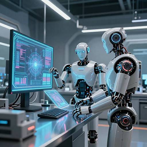 Photograph of two white, futuristic robots with glowing blue screens and mechanical joints, working at a sleek, modern laboratory desk.