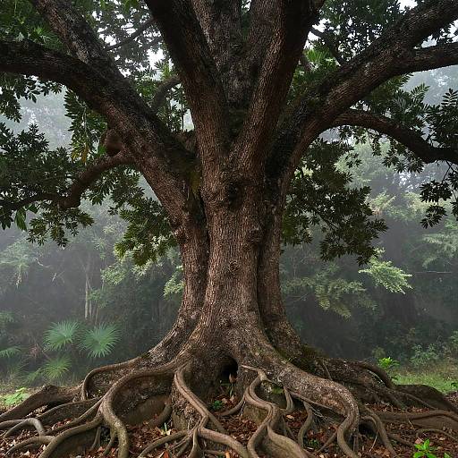 Photorealistic Ancient Tree in Misty Forest
