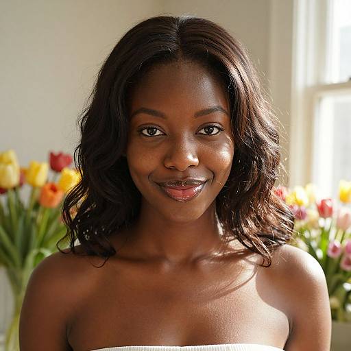 Photograph of a smiling Black woman with dark wavy hair, standing topless, against a background of colorful tulips and sunlight.