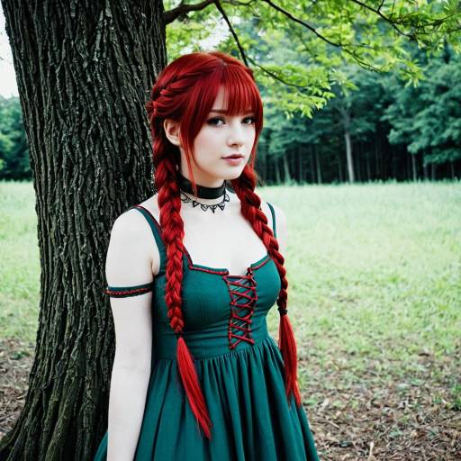 Red-haired girl in green dress outdoors