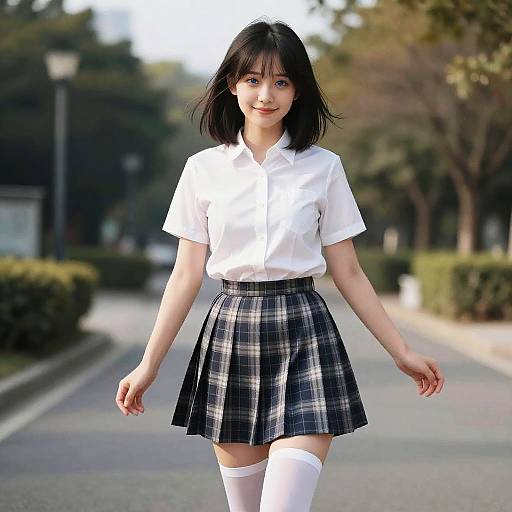 Photorealistic Daytime Girl in Plaid Skirt