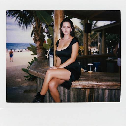 Photograph of a slender woman with dark hair, wearing a black dress and ankle boots, sitting on a wooden beach bar, palm trees and beach in