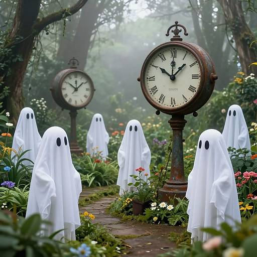 Photograph of six white ghost figures with black eyes walking on a garden path, surrounded by flowers, flanked by two vintage clock posts in a mist
