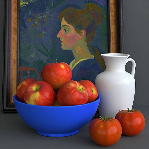Digital artwork: Bright red apples in blue bowl, white pitcher, two tomatoes, beside framed portrait of a brown-haired woman in profile.