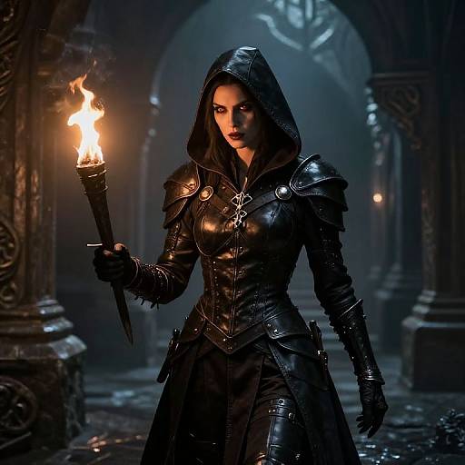 Dark-haired woman in black, armored hooded dress holds torch in dimly lit, gothic cathedral; intense, mysterious expression, CGI fantasy style.
