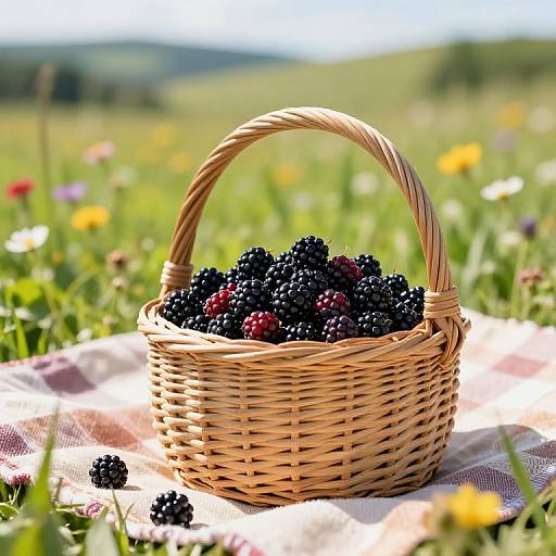 Photograph of a wicker basket filled with blackberries, placed on a pink-checkered cloth in a sunny meadow with colorful wildflowers in the