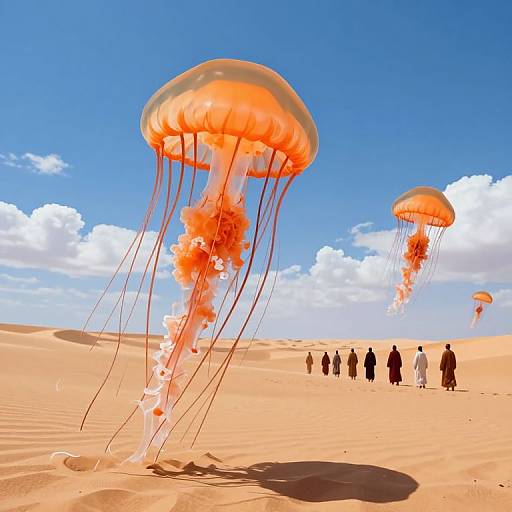 Photograph of vibrant orange jellyfish with long, flowing tentacles floating above a sandy desert under a bright blue sky, with small silhouetted