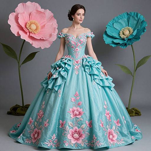 Photograph of a woman in a teal, off-shoulder floral ball gown with pink flowers, standing between two giant pink and blue flowers.