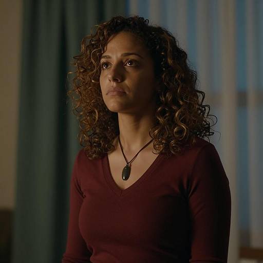 Curly-Haired Woman Looking Up Thoughtfully