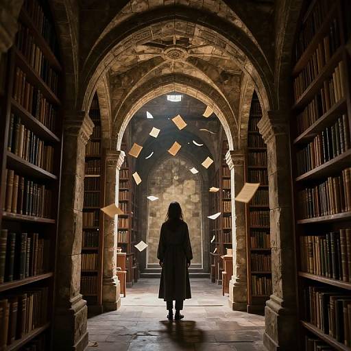 Photograph of a silhouetted figure in a long coat, standing in a dimly lit, arched stone library with floating papers, fl