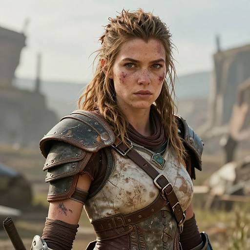 Photograph of a battle-worn, determined woman with dirty blonde hair, scarred face, and armor, standing in a ruined, sunlit,