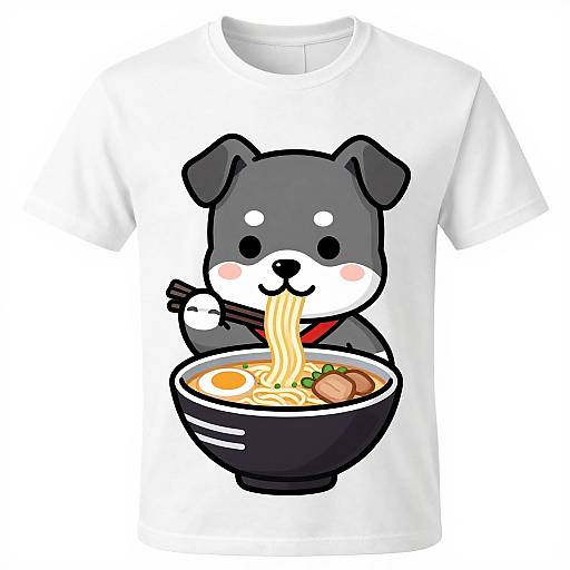 Chibi-style digital drawing of a cute black-and-white dog eating ramen from a black bowl on a white T-shirt.