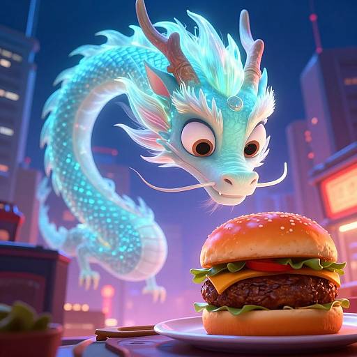 CGI image of a glowing blue dragon with wide eyes, hovering over a juicy burger with lettuce and cheese in a neon-lit cityscape at night