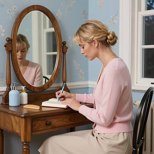 Focused Blonde Woman at Vanity Table