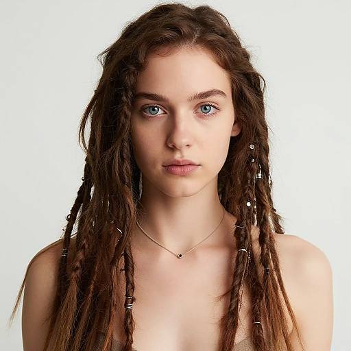 Photograph of a young woman with fair skin, blue eyes, and long brown dreadlocks adorned with small beads, wearing a simple necklace, against a