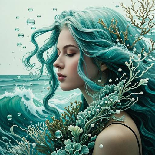 Surreal Woman with Ocean Hair and Coral Adornments