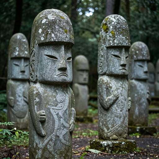 Photograph of moss-covered stone Moai statues in a forest, featuring detailed facial expressions and intricate patterns, with blurred trees in the background.