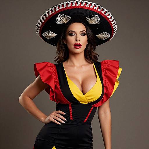 Photograph of a confident woman with medium skin tone, dark wavy hair, wearing a large black sombrero with white accents, a low-cut red