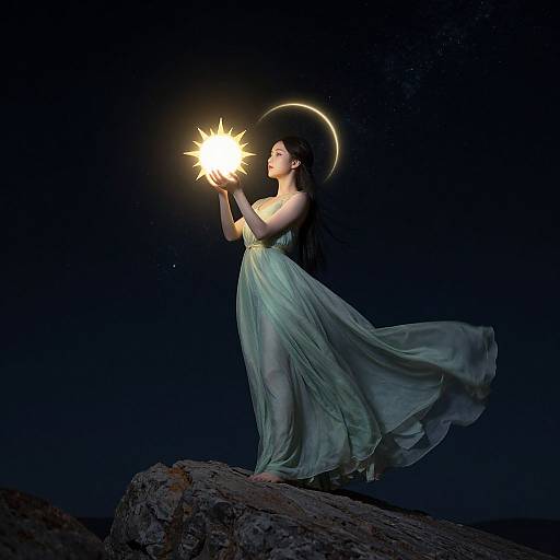 Ethereal Woman with Radiant Sun Orb