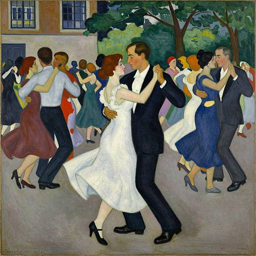 Impressionist-style painting of a lively outdoor dance, with couples in colorful dresses and suits, dancing under trees near a building.