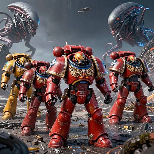 Photorealistic CGI: Three red, golden-accented robotic warriors stand ready against a sci-fi alien landscape with two menacing, tentacled creatures