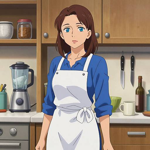Digital anime-style drawing of a brown-haired woman with blue eyes, wearing a blue shirt and white apron, standing in a wooden kitchen. Background includes