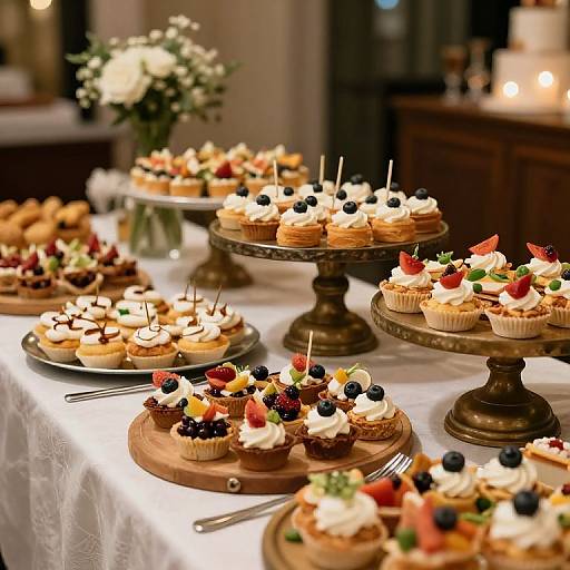 Photograph of a beautifully arranged dessert table with cupcakes and mini cakes topped with whipped cream, fruit, and candles on wooden stands, adorned with a white