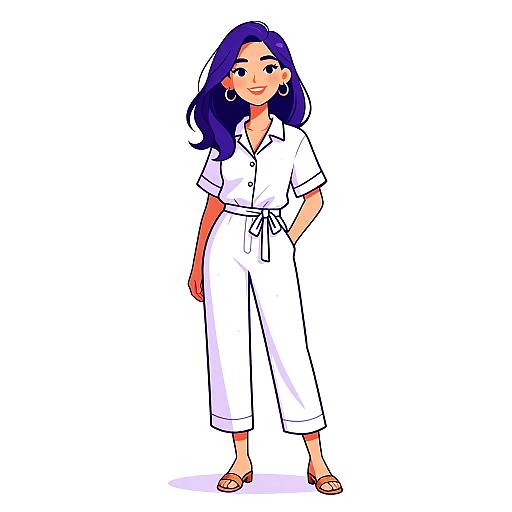 Digital illustration of a smiling woman with blue hair, wearing a white button-up romper, belt tied at the waist, and brown sandals, standing against