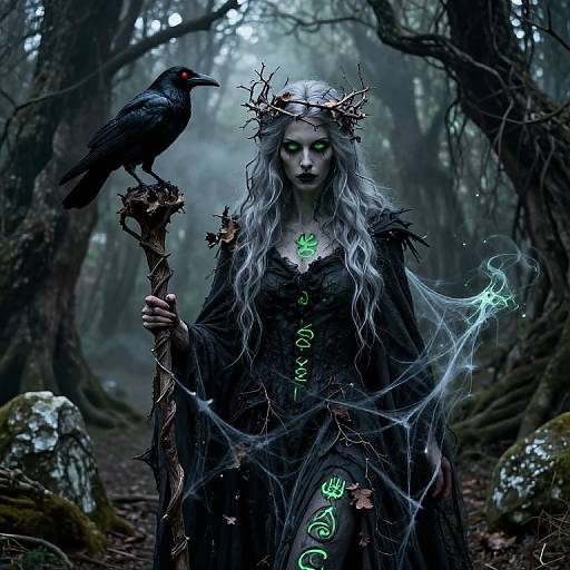 Digital artwork: Mysterious, pale-skinned woman with long silver hair, dark forest cloak, glowing green symbols, holding staff, crowned with twigs
