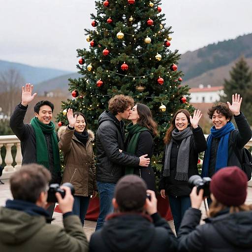 Festive Outdoor Christmas Gathering with Kissing Couple