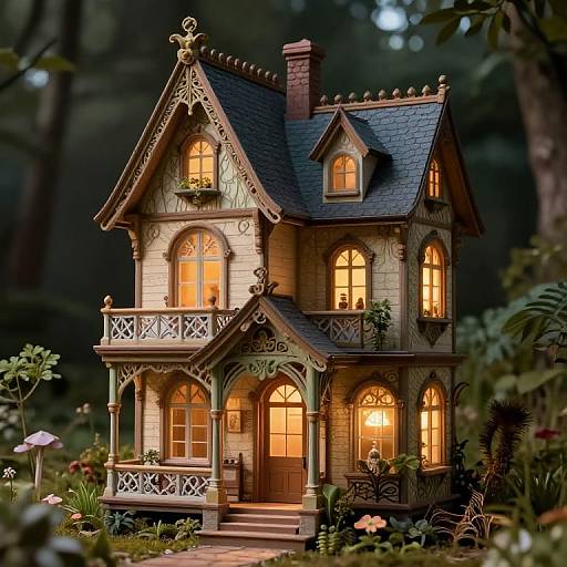 Photograph of a Victorian-style, two-story house with ornate wooden details, glowing yellow windows, and a dark forest backdrop, surrounded by lush,