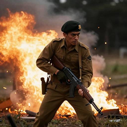 Action Hero Soldier in Fiery Combat Scene