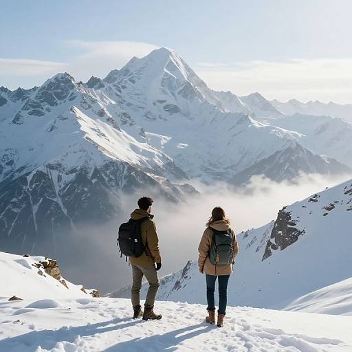 Photograph of two hikers in winter gear, standing on snowy mountain peak, facing towering, sunlit, snow-covered mountain range.
