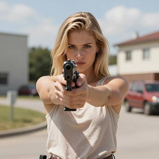 Intense Blonde Woman with Handgun