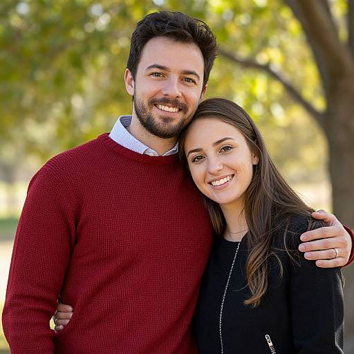 Photograph of a smiling couple standing outdoors; man with dark hair and beard in red sweater, woman with long brown hair in black top, both with