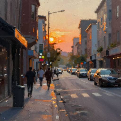 Digital painting of a busy urban street at sunset, with blurred pedestrians, parked and moving cars, colorful buildings, and vibrant orange sky.