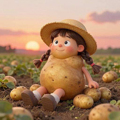 CGI image of a chubby, cartoon-style girl with braided brown hair, straw hat, white socks, and brown shoes, sitting among potatoes in