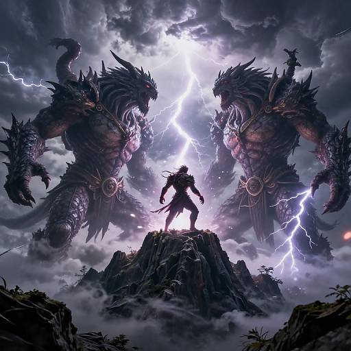 Digital fantasy artwork: Silhouetted warrior stands on mountain peak, facing two towering, lightning-emboldened dragon creatures under stormy sky.