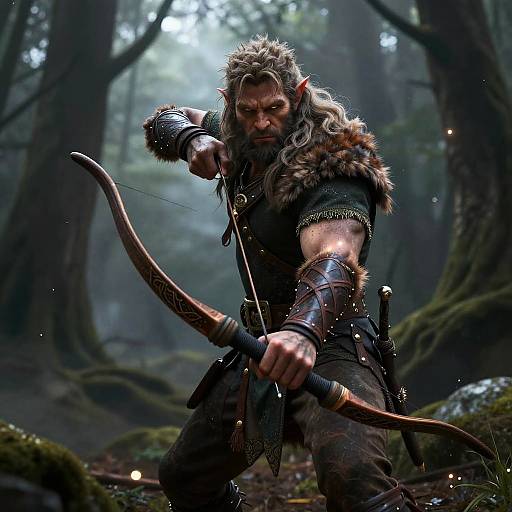 Digital fantasy artwork of a fierce, bearded elf archer with long gray hair, fur-trimmed leather armor, drawing a bow in a mist