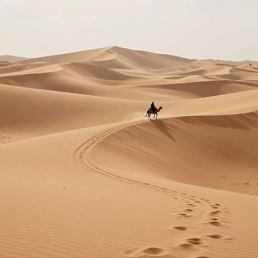 Photograph of a solitary rider on a camel traversing a vast, sunlit desert with rippled sand dunes, leaving tracks in the golden-orange