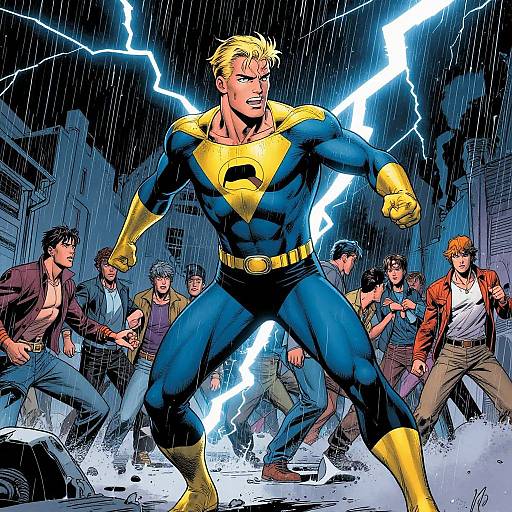 Comic-style illustration of a muscular, blonde Superboy in blue and yellow suit, standing defiantly in rainstorm with lightning, surrounded by frightened bystanders